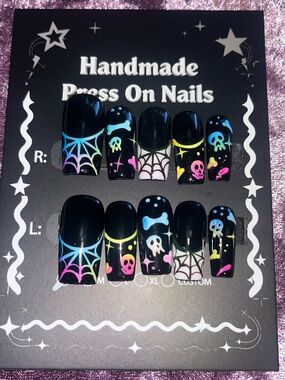 Black Halloween Press-On Nails with Neon Skull & Web Accents